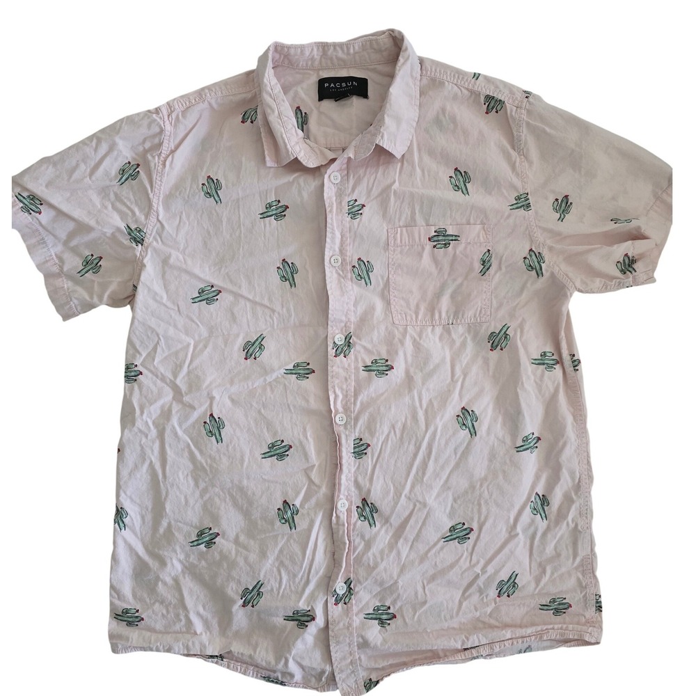 PacSun Mens Pink Cactus Print Short‎ Sleeve Button Down Shirt Large 0301